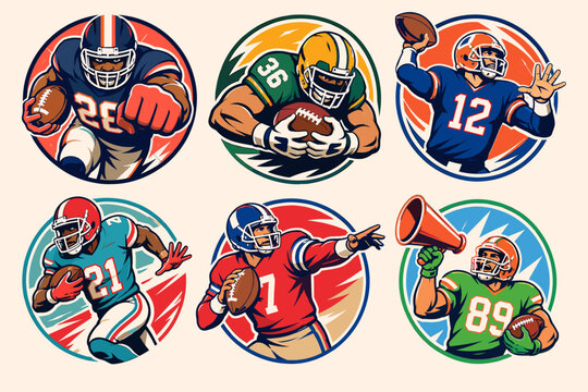 Six vibrant retro-style circular illustrations depicting various American football players in action, including runners, a quarterback, and a player with a megaphone.
