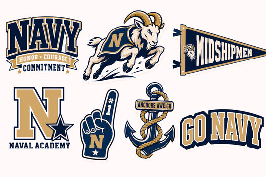 Collection of six distinct U.S. Naval Academy and Navy sports-themed logos and graphics, featuring the ram mascot, pennants, and motivational text.