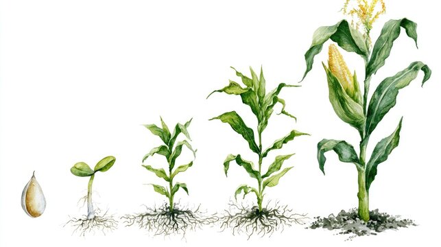 Stages of plant growth from seed to mature corn stalk