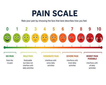 Pain Scale Chart with Color Coded Emoji Faces from No Pain to Worst Pain Possible on White Background, Medical Pain Assessment Infographic. 