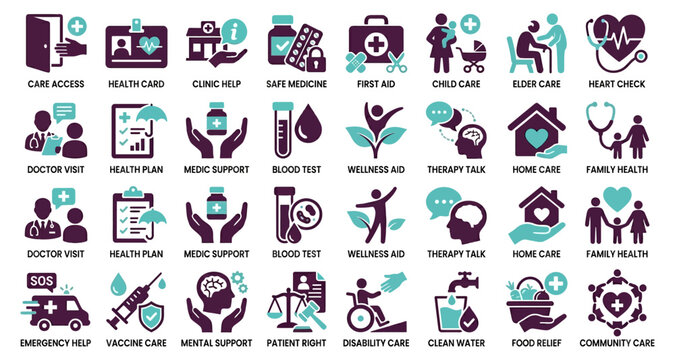 Care health icons set with medical card help first aid safe medicine and home family caregiving