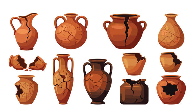 Broken clay pot and ancient amphora vector cartoon set. Ceramic vase, cracked jug, archaeological artifact, antique pottery pieces, historical vessel and museum ruin elements.