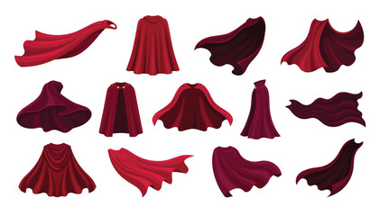Red superhero cape and wizard cloak vector cartoon set. Waving fabric, vampire mantle, drapery, costume garment, cloth texture, royalty drapery and fantasy hero apparel elements. © Creative Studio 