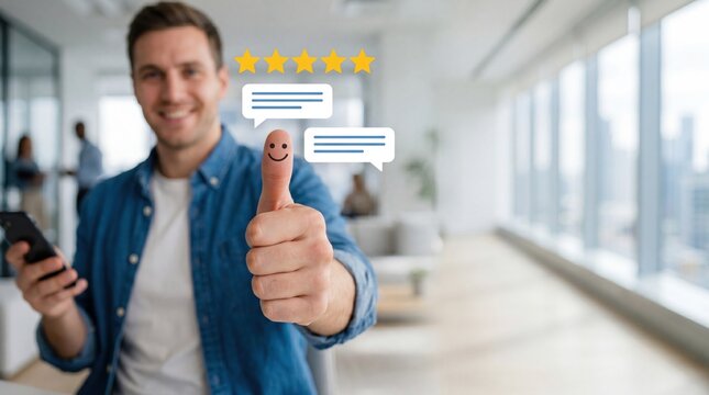 Happy customer giving thumbs up with five star rating and positive feedback icons, showing excellent service quality and client satisfaction in modern office environment.