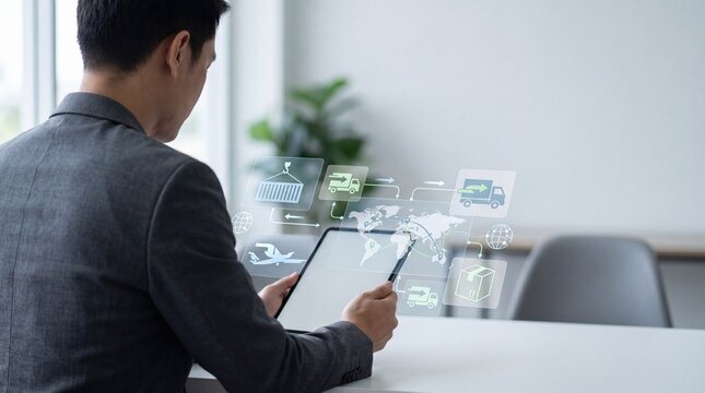 Logistics and supply chain management concept featuring man using tablet with augmented reality overlay of shipping containers, trucks, planes, world map, and delivery boxes.