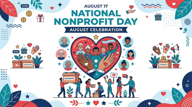 National Nonprofit Day illustration celebrating community support and charitable giving with diverse people and donation elements August 13th event graphic