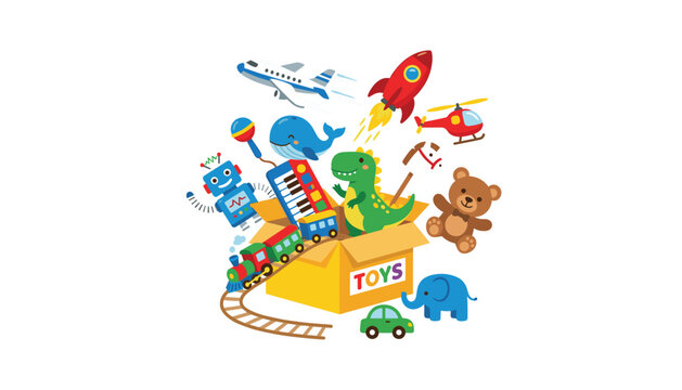 Colorful kids toys bursting out of cardboard box vector illustration featuring robot dinosaur train airplane and teddy bear