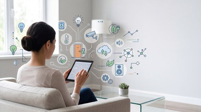 Woman using tablet to control smart home devices, IoT automation, security camera, lighting, temperature, connected living room, wireless technology, modern house interior, remo...
