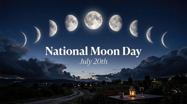 Moon phases transition arch over a winding road at night for National Moon Day creative conceptual layout
