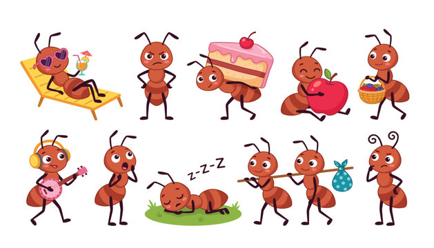 Cute ant insect cartoon character vector mascot set. Sun lounger, carrying cake slice, apple hug, fruit basket, playing banjo guitar, sleeping and walking poses.