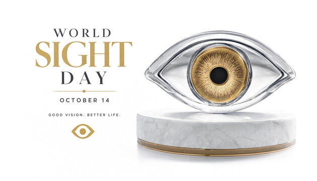 World sight day banner with golden eye icon on a white marble platform typography ophthalmology optometry visionary minimalist background aesthetic treatment wellness prevention