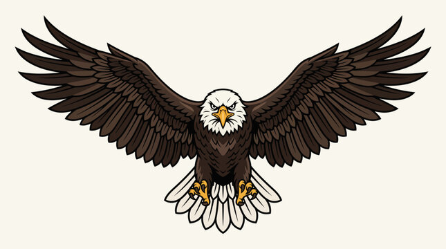 An eagle is flapping its wings in a front view illustration.