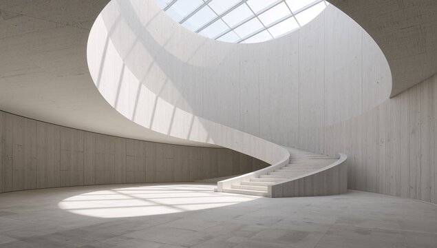 Elegant Concrete Spiral Staircase Bathed in Natural Light from Oval Skylight, Modern Minimalist Architecture.