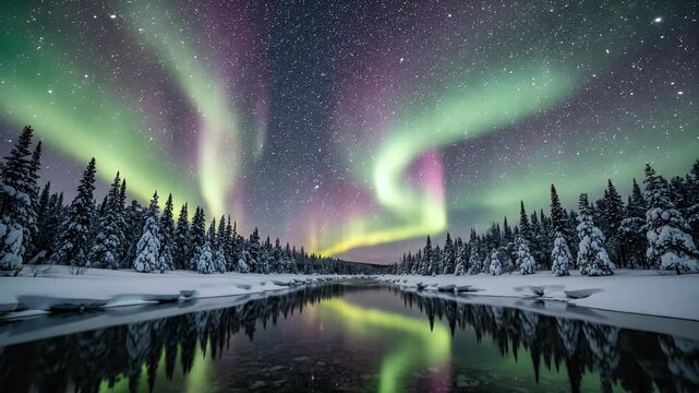 Serene winter night with colorful auroras reflected in a calm river