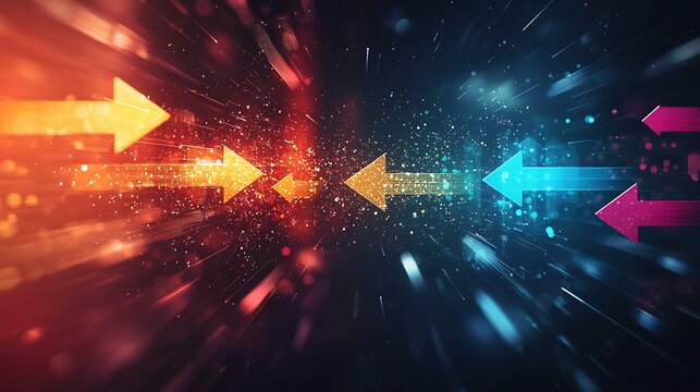 Abstract Arrows of Energy: Dynamic arrows in vibrant orange and blue streaks race towards each other, creating a visual representation of opposing forces colliding in a burst of energy and light.