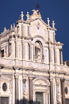 close up baroque facade cathedral in Catania, Sicily, Italy