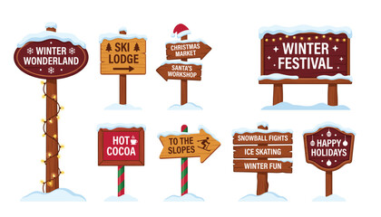Winter festival wooden signpost cartoon vector illustration set. Snow cap, Christmas market arrow, ski lodge signboard,  © Creative Studio 