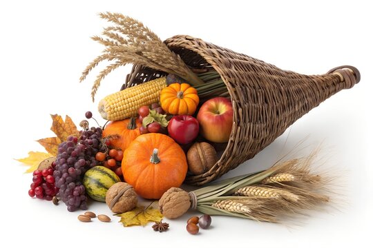 Traditional woven wicker cornucopia overflowing with fresh autumn harvest vegetables including bright orange pumpkins yellow corn stalks crisp red apples dark purple grapes and assorted brown nuts on 