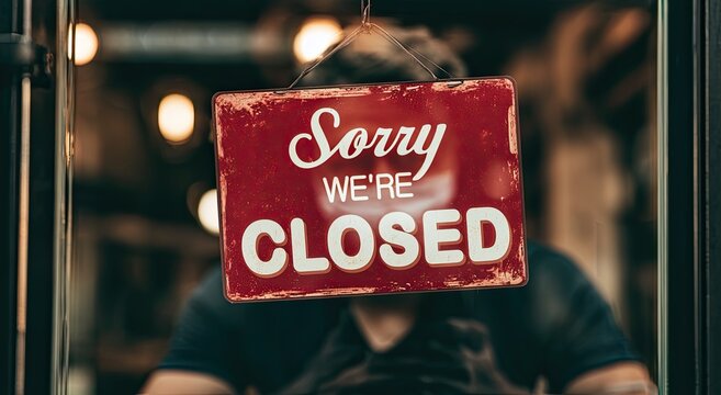 A weathered red "Sorry We're Closed" sign hangs in a window