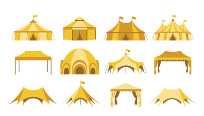 Circus tent and carnival canopy flat vector illustration set. Festival marquee, pavilion, gazebo, outdoor event dome, campsite shelter, fairground booth and entertainment shapes. © Creative Studio 