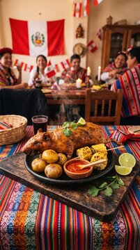 Traditional Peruvian Independence Day feast with whole guinea pig dish
