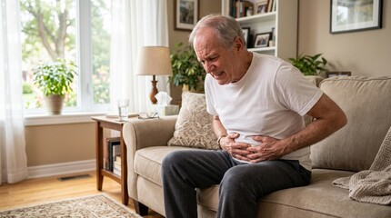 Fototapeta premium Senior man sitting on a sofa clutching his stomach in severe abdominal pain at home