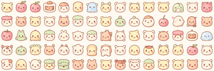 Obraz premium Cute kawaii style faces set featuring small smiling characters and food in pastel colors on a light beige background