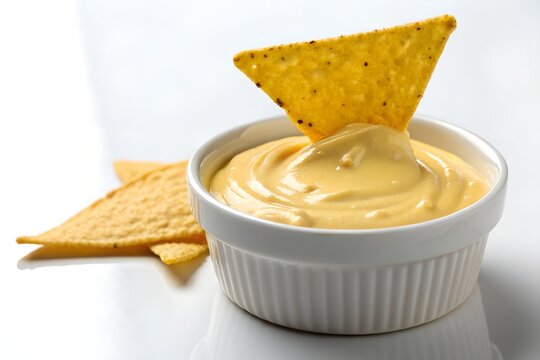 Crispy golden yellow corn tortilla nacho chip dipped into a smooth creamy melted cheddar cheese sauce served inside a small white ceramic bowl on a bright clean white studio background.