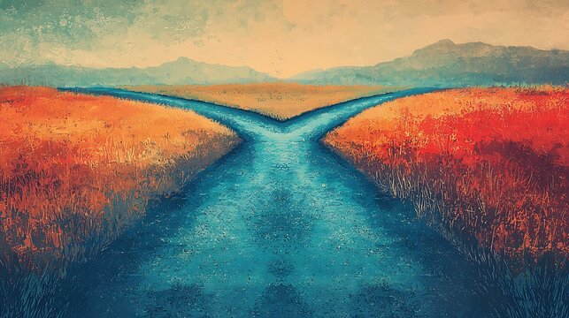 A Fork in the Road of Life: A vivid, artistic depiction of a river splitting into two paths, flowing through dry grassland towards distant mountains, symbolizing choice and the journey ahead.