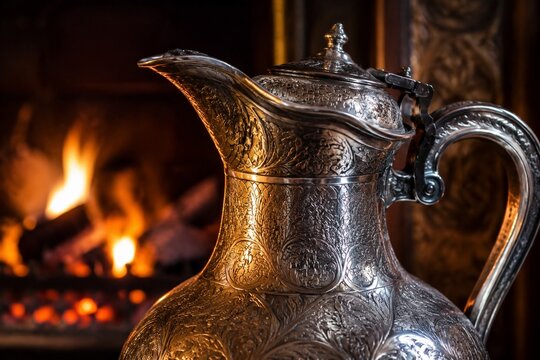 An intricately engraved silver flagon reflecting flickering firelight.