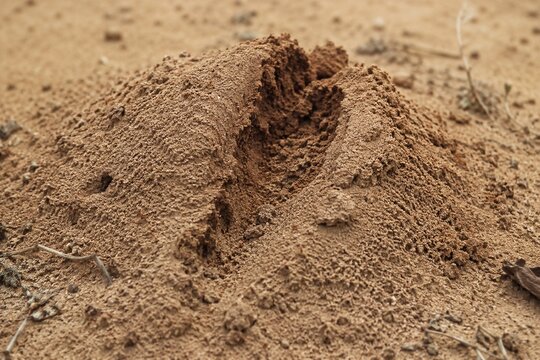 A detailed anthill in sandy soil with a single claw mark.