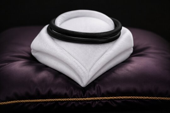 Neatly folded white kufiyah on dark silk cushion, symbolic composition.