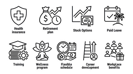 Fototapeta premium Employee benefits and corporate workplace perk icons.