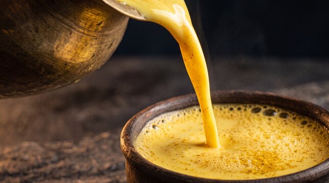 Golden turmeric milk haldi doodh pouring from brass pot into dark clay cup macro