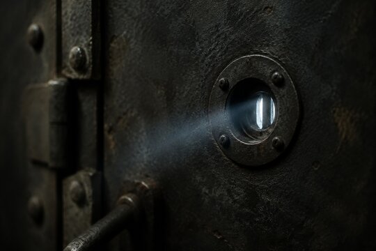 Heavy iron door with a small cold peephole, sliver of light piercing through, industrial texture.