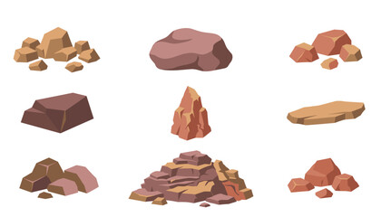Rock and stone boulder flat vector cartoon illustration set. Pile of rocks, cliff gravel, geology minerals, mountain material, nature landscape and game asset elements. © Creative Studio 