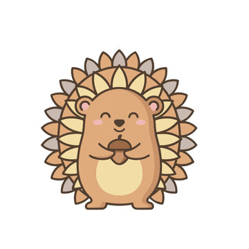 Cute cartoon hedgehog holding an acorn