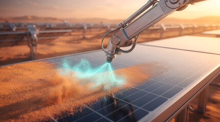 Fototapeta premium Automated robotic arm cleaning sand and dust off solar panels with compressed air at a desert solar power plant