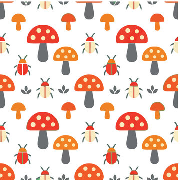 Seamless pattern with cartoon mushrooms and beetles