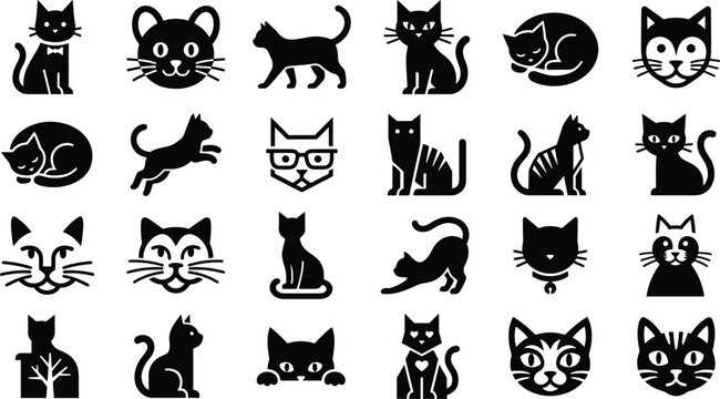 Cat Silhouette and Feline Face Glyph Icon Set with Various Poses Vector Collection