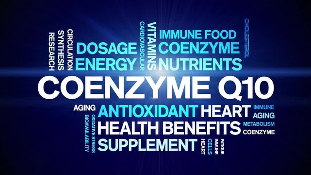 Coenzyme Q10 animated word cloud-CoQ10 text design animation tag kinetic typography seamless loop.
