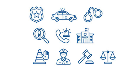 Fototapeta premium Law enforcement and justice system blue line icons.