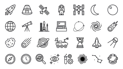 Naklejka premium Space exploration and astronomy outline icon set.