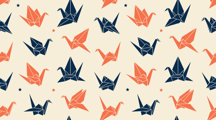 Fototapeta premium The image features a decorative pattern design of colorful origami cranes on a cream background.