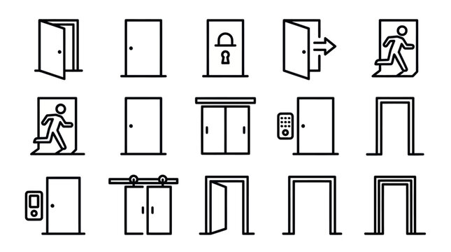 Architectural door and emergency exit line icons
