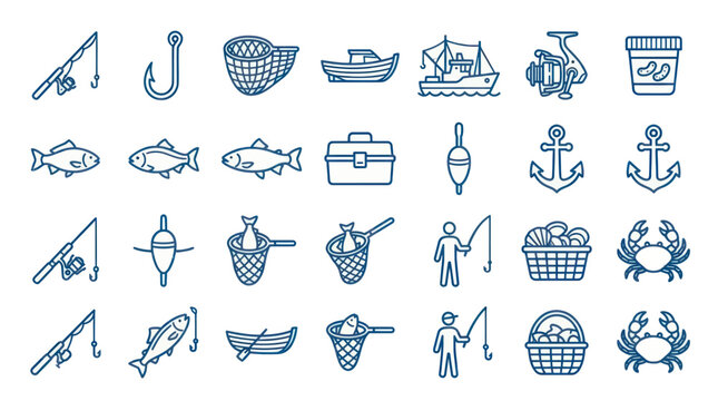 Fishing gear and maritime aquatic line icons.