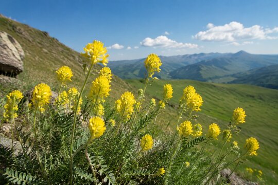 Yellow astragalus flowers sway on a sunny hillside, captured in a gentle breeze.