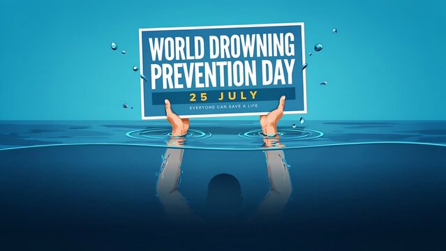 Hands holding drowning prevention sign in water