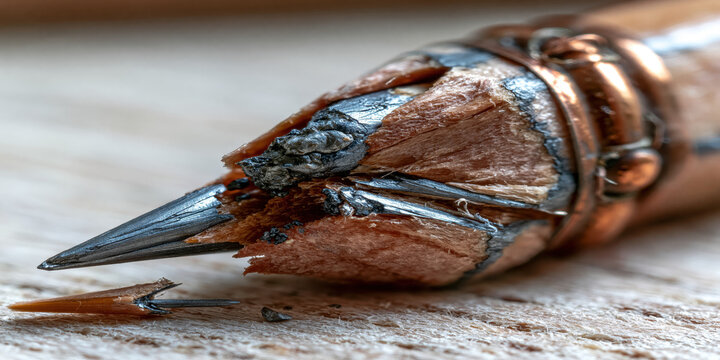 Close-up of a worn-down metallic pencil on a wooden surface