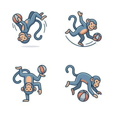 Monkey Playing Basketball Cartoon Style.